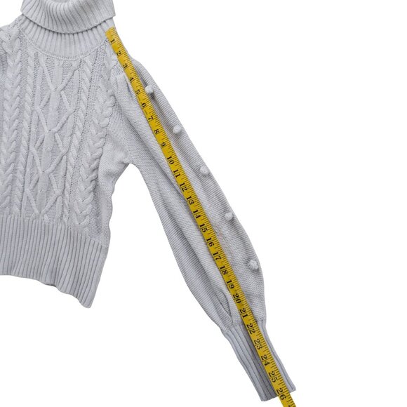 BCBGMaxAzria Puff Sleeve Pom Sweater Womens Ice Blue Turtleneck Cable Knit Sz XS - Picture 8 of 9